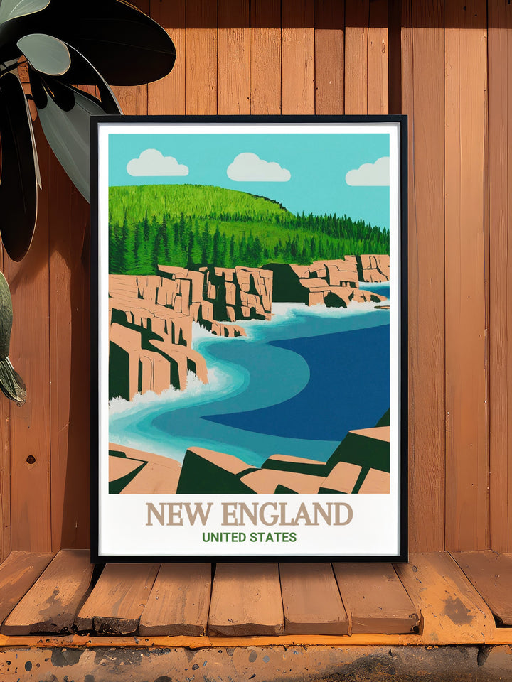 Thru hikers and outdoor enthusiasts will love this New England Trail poster print featuring Acadia National Park. The artwork captures the beauty of hiking long distance trails and is a perfect gift for anyone who loves nature and national park adventures.