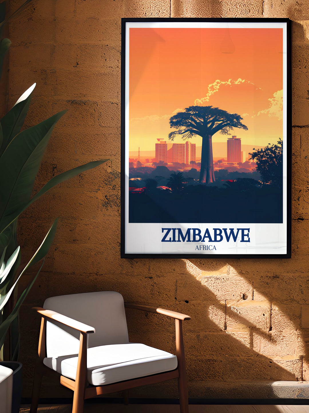 A detailed travel poster print of Zimbabwe, incorporating the Harare skyline and Mbare Musika market. This artwork is ideal for travel enthusiasts and those who appreciate the unique blend of culture and modernity in Zimbabwe.