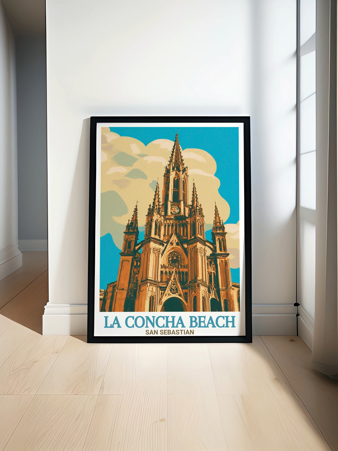 Poster print of La Concha Beach and the stunning Buen Pastor Cathedral, two iconic landmarks in San Sebastián, Spain. The artwork captures the elegance of the citys coastline and architectural history, ideal for anyone seeking stylish, travel inspired home decor.