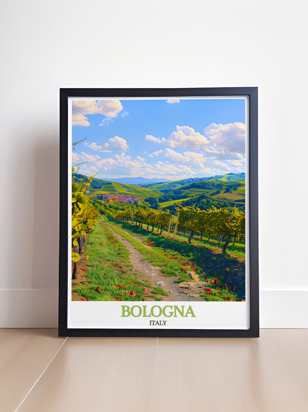 Stunning Bologna art print highlighting the medieval towers and lush vineyards of Colli Bolognesi, ideal for history buffs and nature enthusiasts.