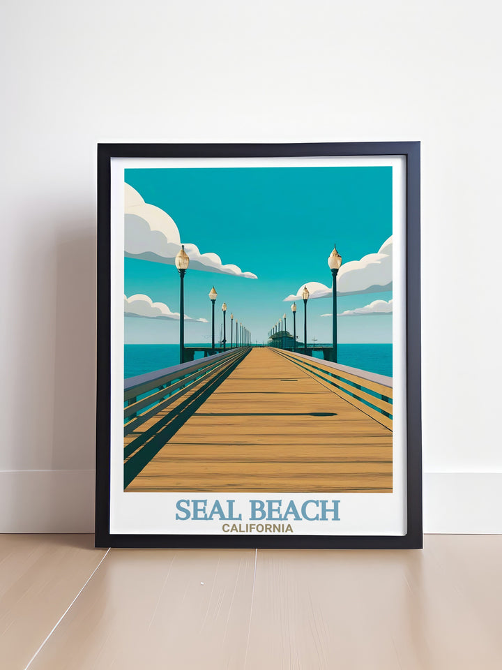 California Art Print features the scenic Seal Beach Pier with its breathtaking views of the Pacific. This canvas art is a must have for anyone who loves Californias beaches and coastal life, making it a perfect addition to your home décor or a travel gift.