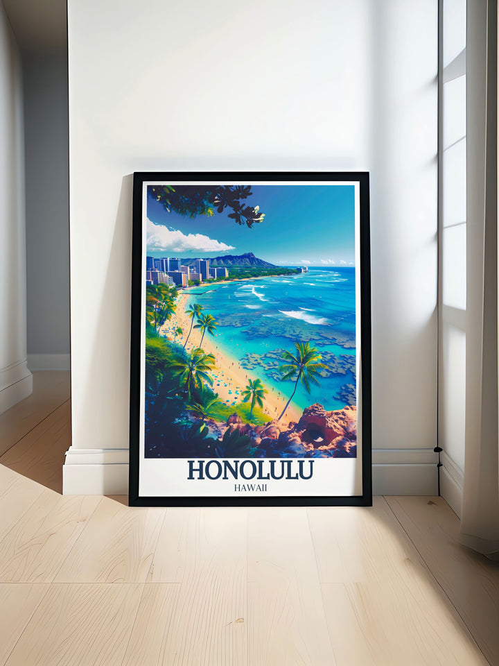 A stunning wall art piece showcasing Waikiki Beach at sunset, capturing the golden hues reflecting off the waves. This artwork serves as a reminder of the breathtaking moments that can be found in paradise.