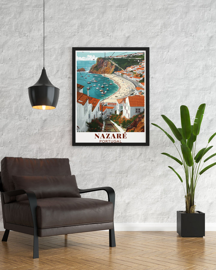 Eye catching Traditional Fishing Village modern decor print showcasing the dynamic atmosphere of Nazare Portugal ideal for living room decor adding a stunning focal point to your space