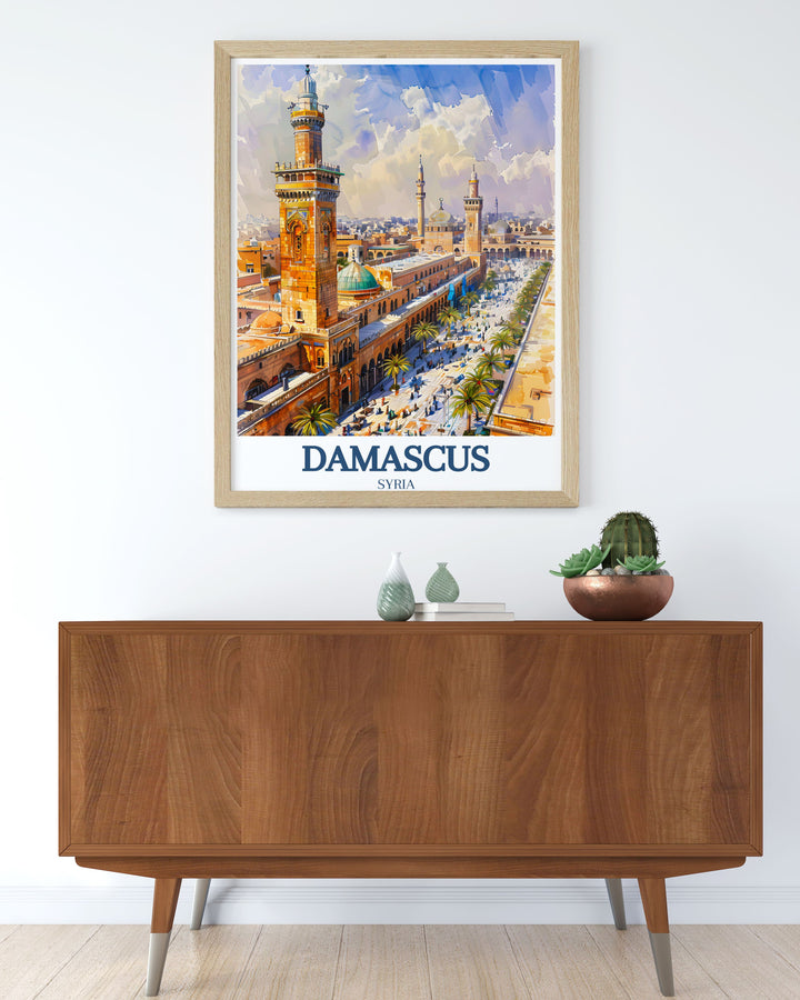 Travel poster featuring the lively and historic Straight Street in Damascus, highlighting the bustling markets and ancient buildings that line this famous thoroughfare.