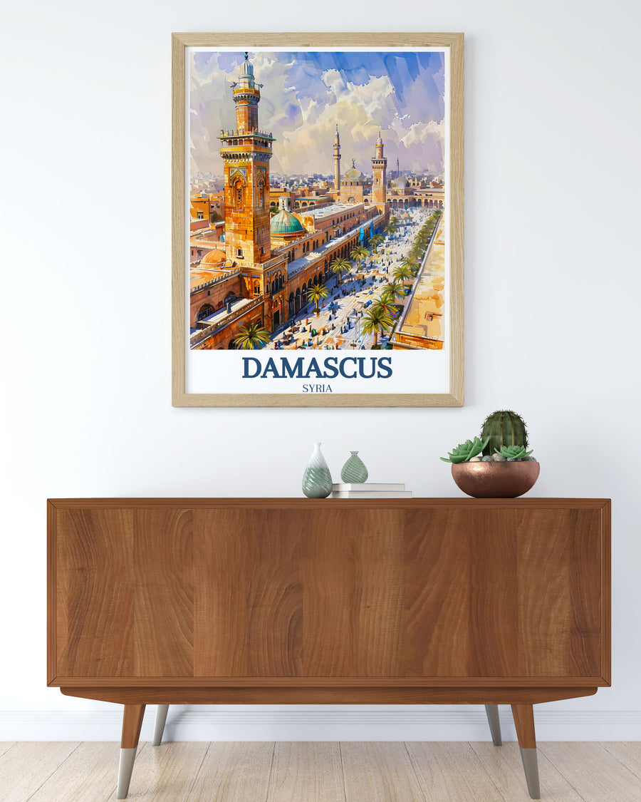 Travel poster featuring the lively and historic Straight Street in Damascus, highlighting the bustling markets and ancient buildings that line this famous thoroughfare.