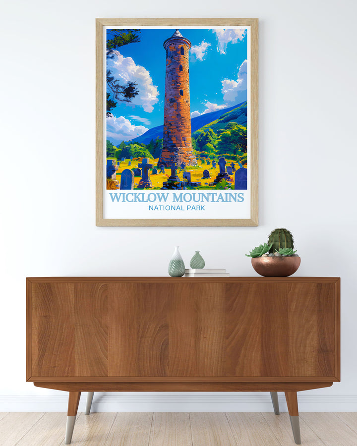 Timeless framed art depicting the serene beauty of Glendalough, Ireland. The vibrant colors and detailed illustrations highlight the monastic ruins and lush surroundings, perfect for any room.