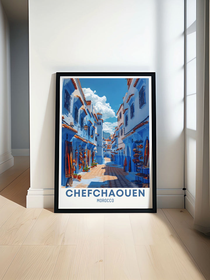 This travel poster of Chefchaouen Morocco captures the enchanting blue streets of the Medina, perfect for adding a touch of Moroccan charm to your decor. Featuring Chefchaouens iconic blue buildings, this poster brings the serene beauty of the Blue Pearl of Morocco into your home.