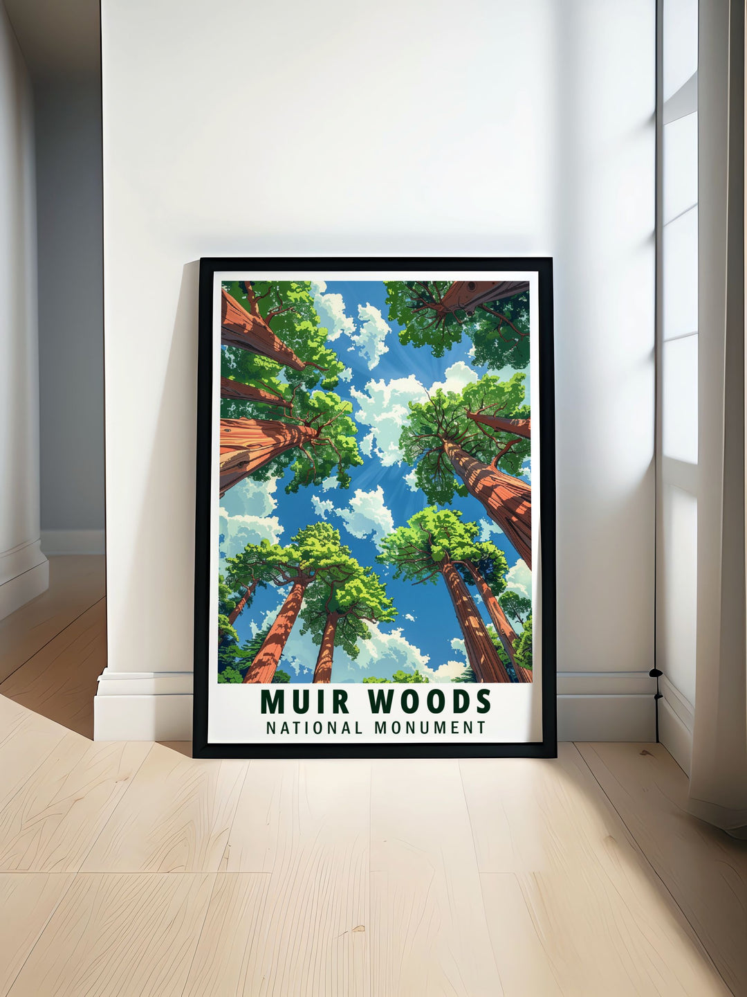 Elegant black and white fine line print of Redwood trees in Muir Woods National Monument perfect for enhancing home decor and creating a sophisticated living room ambiance ideal anniversary or birthday gift option