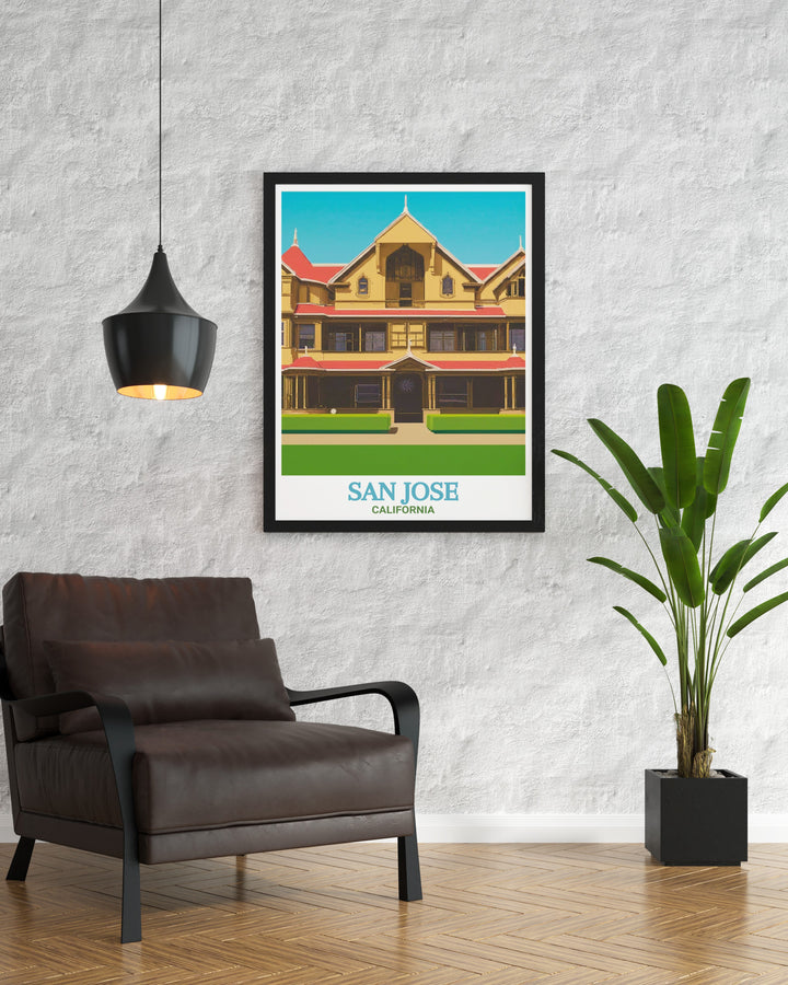 Travel print featuring the Winchester Mystery House, capturing the unique architecture and eerie charm of this historic San Jose landmark. Ideal for fans of Californias most unusual attractions.