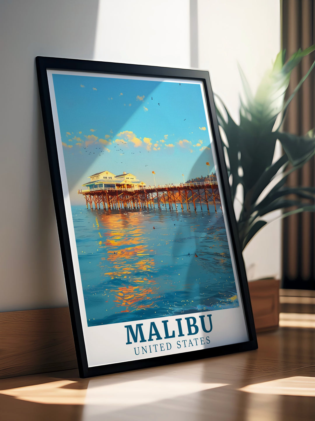 Enjoy the relaxing vibes of Malibu from the comfort of your home with this Malibu Pier travel poster. Its vibrant colors and sleek design make it a great addition to any modern or traditional decor.