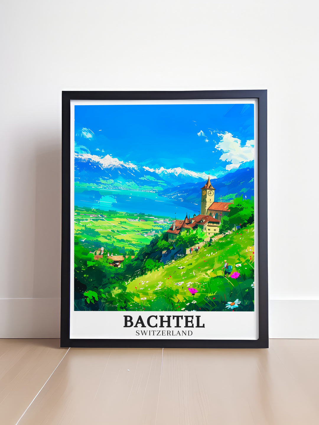 Charming poster of Bachtel in Zurich Oberland, with views of the Swiss Alps and Lake Zurich. Highlighting the serene landscapes and cultural charm of this unique Swiss location. Perfect for those who appreciate Swiss culture and natural beauty. Vibrant and detailed design.