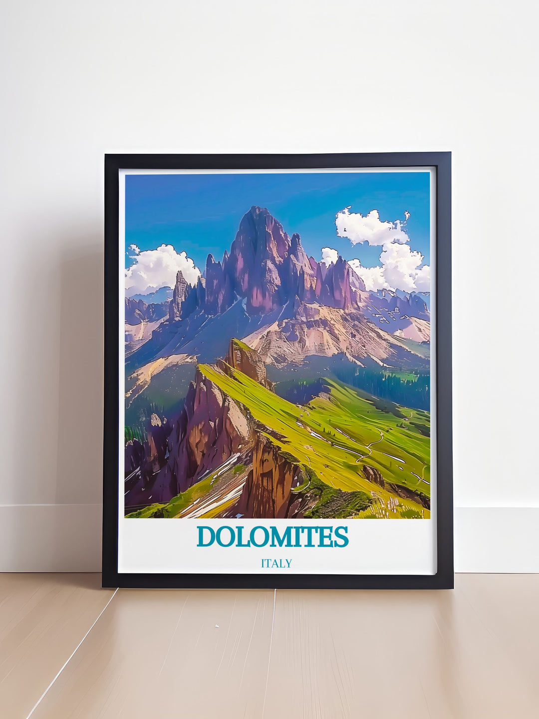 Travel poster featuring the scenic beauty of Seceda, highlighting the distinctive peaks and breathtaking views of Italy’s Dolomites.