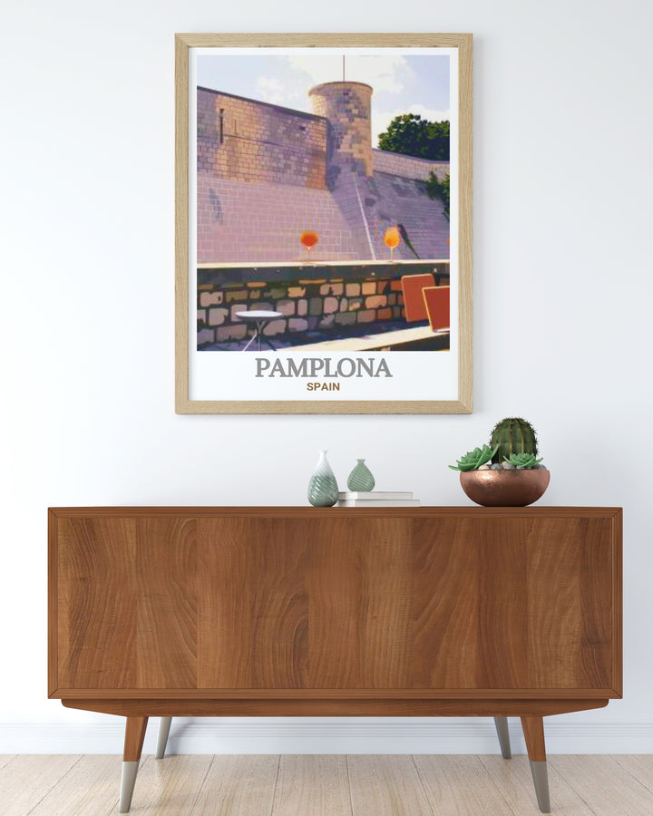 City Walls and Fortifications in Pamplona Spain come to life in this elegant Spain Travel Print a perfect gift for lovers of Spanish culture and history. The intricate design and rich colors make it a striking piece of wall decor for any room.