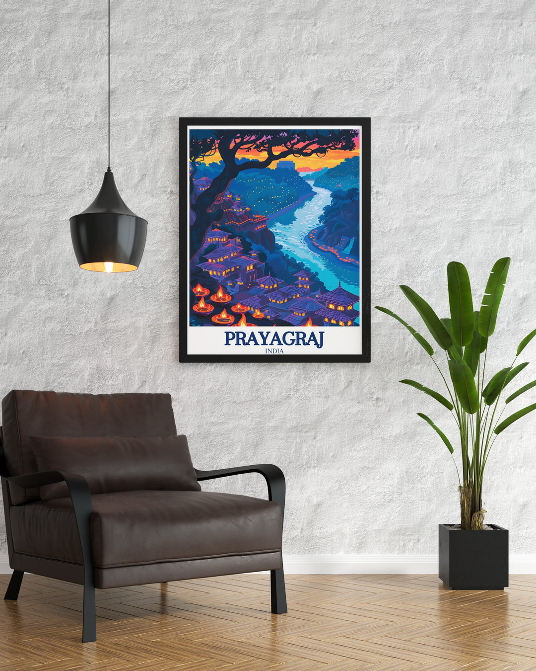 Travel poster featuring Prayagraj during Diwali, illustrating the citys iconic Allahabad Fort and the illuminated streets that reflect its festive spirit. This artwork is perfect for enhancing your home with the joyous and colorful atmosphere of one of Indias most celebrated festivals.