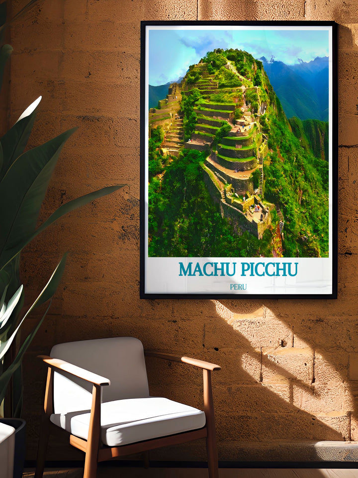 Machu Picchu travel poster with Huayna Picchu brings a sense of adventure and exploration to any room. The minimalist design and modern art style make it an elegant addition to your living room or office decor capturing the timeless beauty and rich history of this iconic Incan city making it a meaningful gift for birthdays anniversaries and holidays.