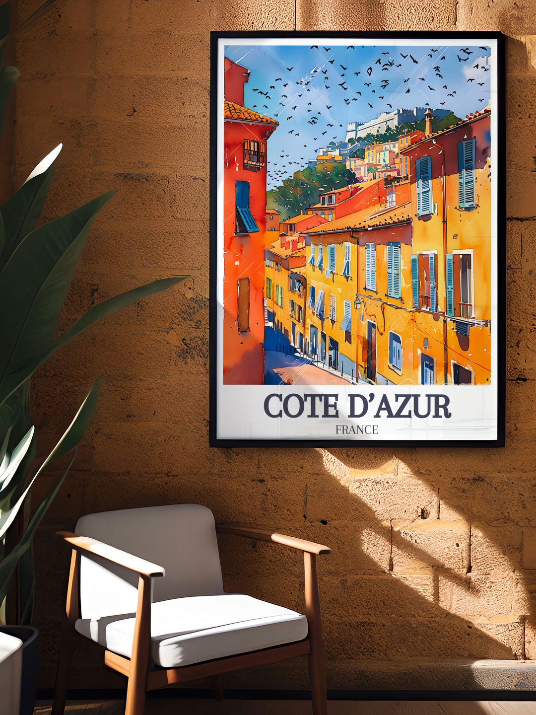 A beautiful Côte dAzur travel print featuring the panoramic views from Castle Hill and the colorful streets of Old Town. This artwork is perfect for home décor, adding a touch of the Mediterranean to any room.