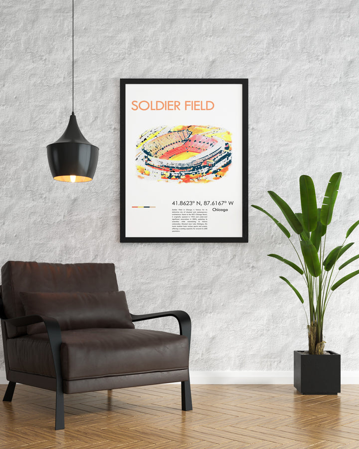 Chicago Bears print showcasing Soldier Field in a retro style. A must-have for NFL fans who love Chicago sports. This Soldier Field poster print is a perfect addition to any sports-themed room or as a unique gift for birthdays or holidays