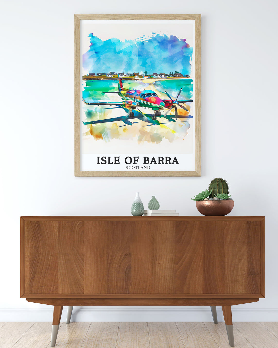 Traigh Mhor Beach, with its sandy shores and airport runway, is the star of this Isle of Barra travel poster. This art print is a must have for those who appreciate the beauty of Scotlands rugged coastlines and the fascinating intersection of nature and human innovation.