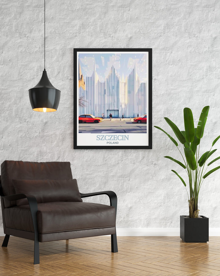 High quality Szczecin artwork featuring the Szczecin Philharmonic. This print highlights the architectural beauty of the Philharmonic Hall, making it an ideal piece for those who appreciate modern design and Polish culture.