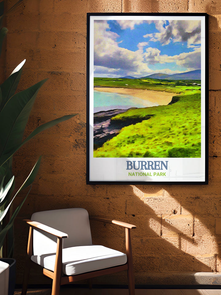 Experience the serene beauty of Fanore Beach with this Ireland travel poster. The artwork captures the peaceful meeting of golden sands and rolling waves, creating a calming coastal scene that enhances any rooms decor with a touch of Irish seaside charm.