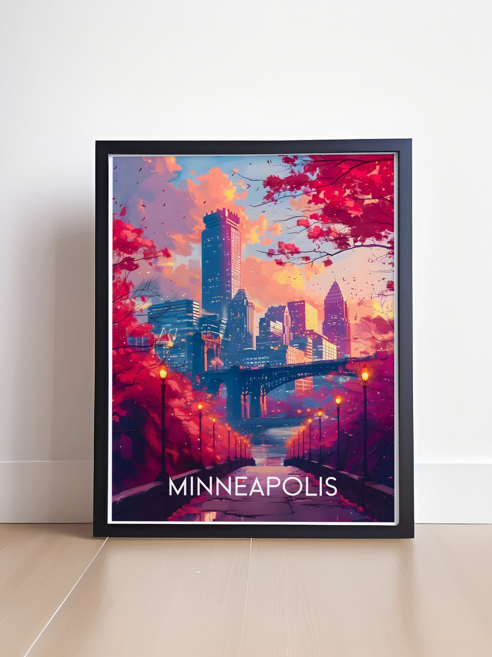 This detailed poster of the Minneapolis Skyline illustrates the citys striking skyscrapers and unique structures, making it an excellent addition to any art collection celebrating urban elegance.