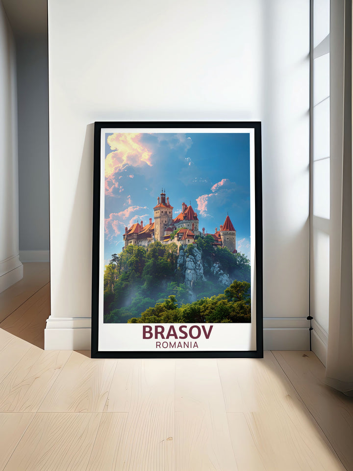 Stunning Brasov Romania travel print showcasing the picturesque landscapes and historic sites including Bran Castle. Ideal for adding elegance to any room. Perfect for art and collectibles enthusiasts.