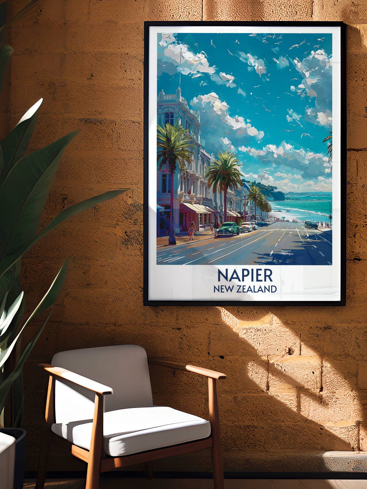 Elegant Marine Parade Modern Art showcasing the vibrant seafront of Napier perfect for enhancing living spaces and making thoughtful gifts for him or her