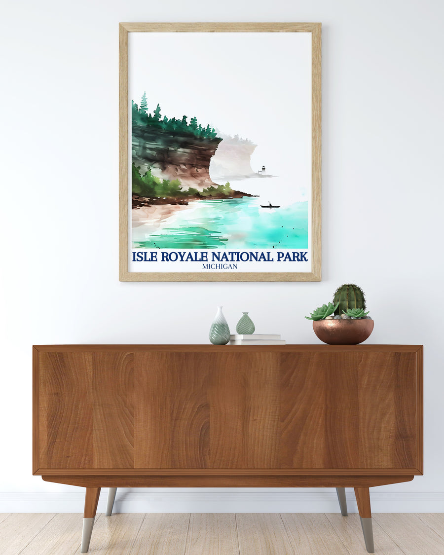 A breathtaking poster print showcasing the stunning scenery of Isle Royale National Park. This artwork highlights the picturesque Windigo Lighthouse against the backdrop of Lake Superior, inviting viewers to appreciate the natural beauty of this remarkable destination.