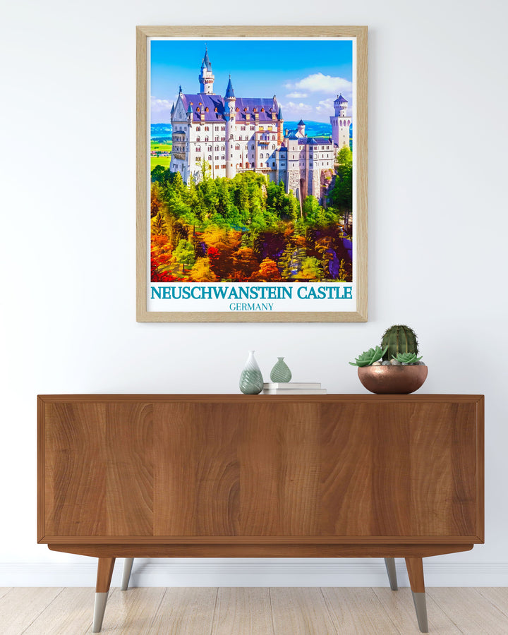 The majestic Neuschwanstein Castle is beautifully illustrated in this travel poster, emphasizing its towering turrets and detailed architecture against the backdrop of the Bavarian Alps, making it a perfect piece for art lovers and history enthusiasts.