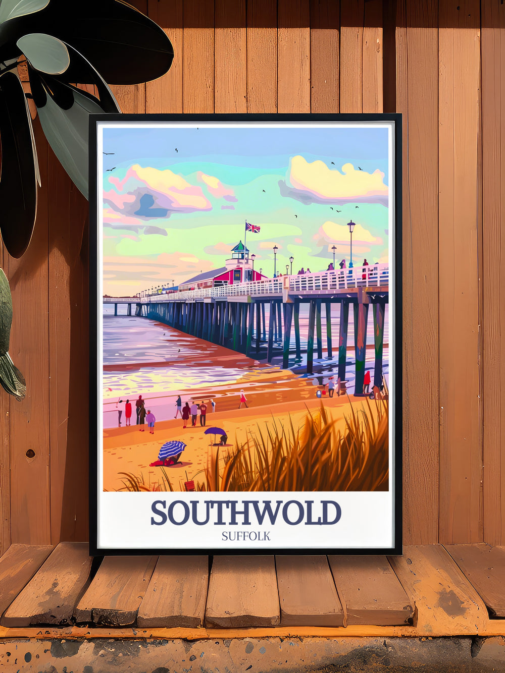 Elegant Southwold Print showcasing the serene beauty of the Southwold Pier North Sea. This vintage travel print is perfect for adding a coastal vibe to your living room or bedroom. Ideal for anyone who loves Southwold and its picturesque scenery.