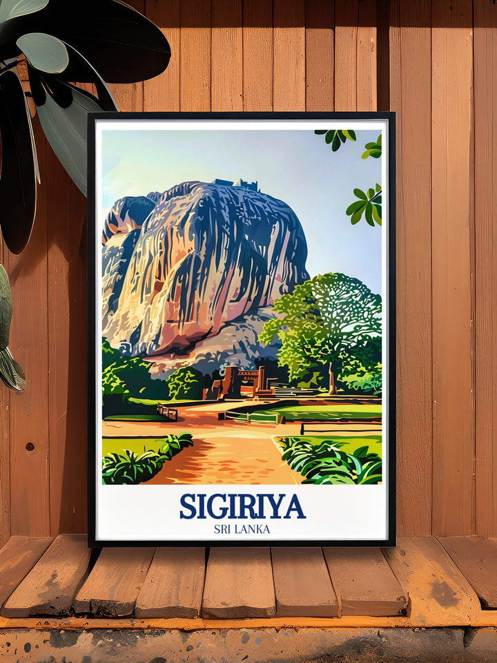 Custom print of Sigiriya, Sri Lanka, featuring the iconic Lions Rock in vivid detail. This artwork captures the essence of the ancient fortress, making it a meaningful addition to your art collection or a thoughtful gift for travel enthusiasts.