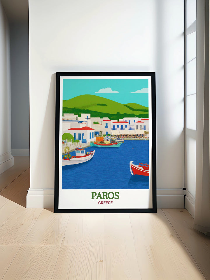 Bring the captivating landscapes of Paros into your home with this Naoussa Harbor wall art, showcasing the serene harbor scene and traditional Greek architecture. Ideal for creating a peaceful and inviting ambiance in any room.