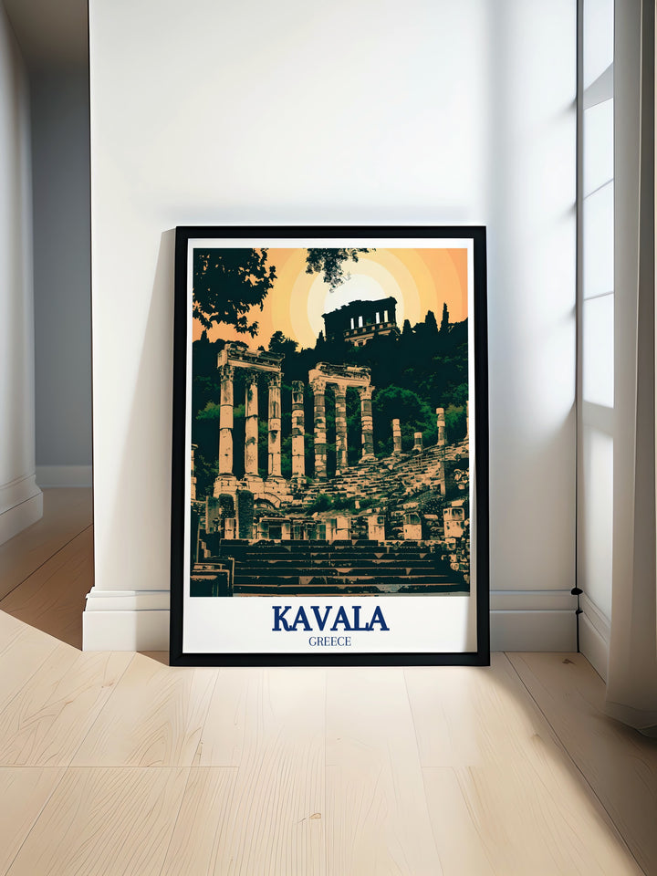 Kavala Travel Poster showcasing the historical landmarks of Kavala, including its connection to the ancient city of Philippi. The poster captures the essence of Greek history, making it a must have for those who wish to bring the spirit of Greece into their homes.