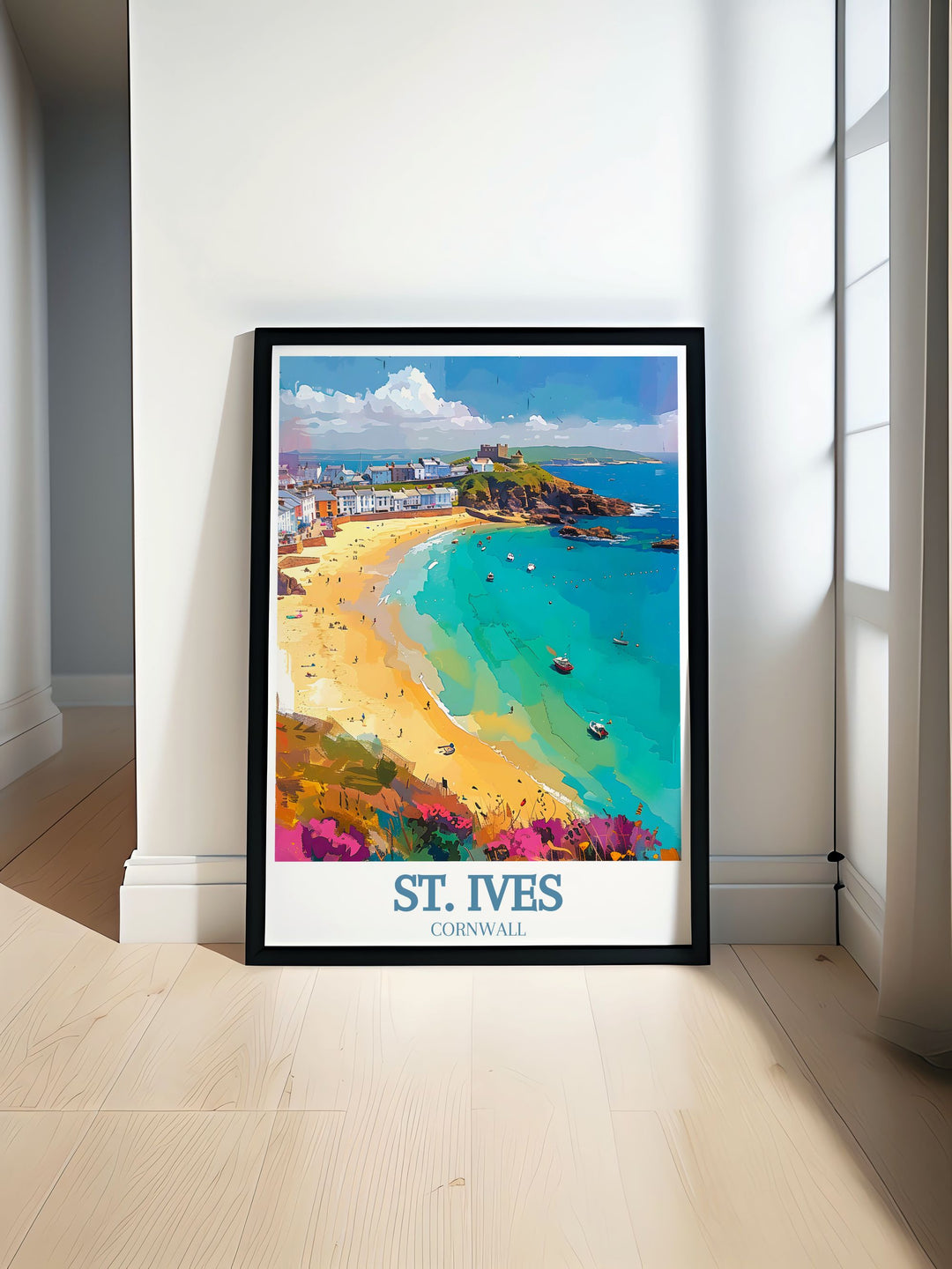 This travel poster beautifully captures the historic charm and coastal beauty of St. Ives and Porthmeor Beach, inviting viewers to explore this iconic Cornish destination.