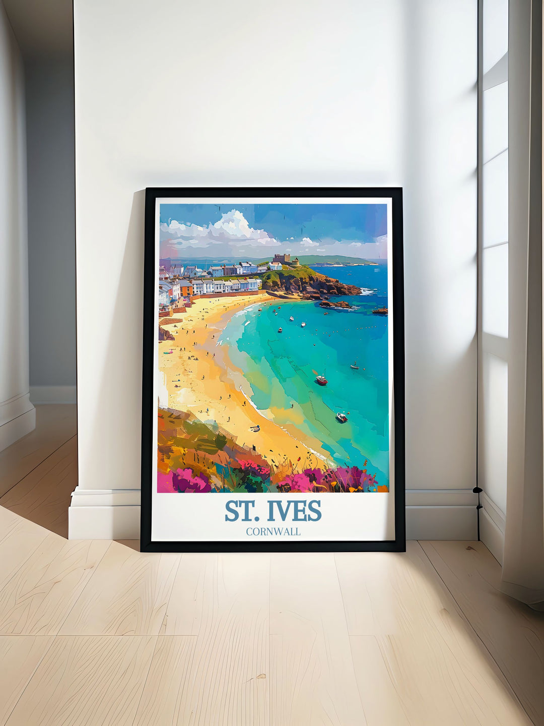 This St. Ives travel print showcases the peaceful Porthmeor Beach, with its soft sands and the breathtaking Atlantic Ocean in the distance. Ideal for coastal décor, this piece brings the beauty of the British seaside into your living space, perfect for adding a touch of tranquility.