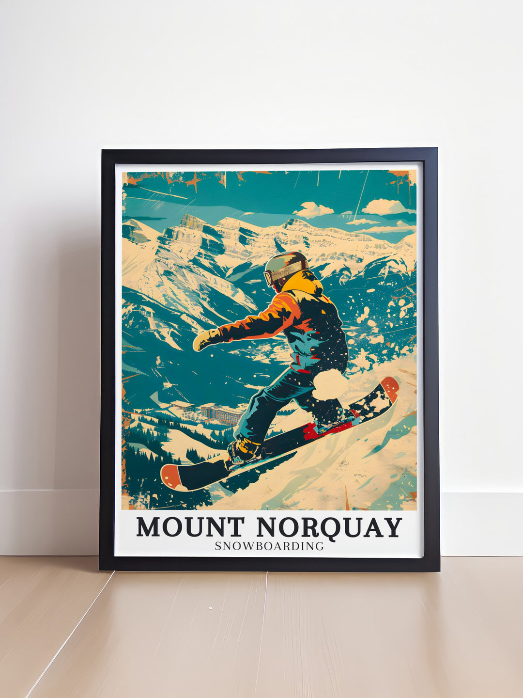 Mt. Norquay Travel Poster capturing the lively atmosphere of Mt. Norquay ski resort, where winter sports enthusiasts gather to enjoy the slopes and the breathtaking views of the Canadian Rockies. A must have for anyone who loves the mountains.