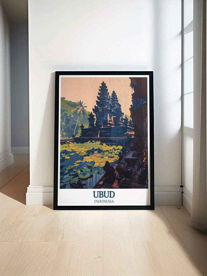 This intricate Bali travel print highlights the beauty of Ubuds Pura Taman Saraswati temple and the calming Lotus Pond. Its soft tones and detailed design make it perfect for enhancing any home or office décor.