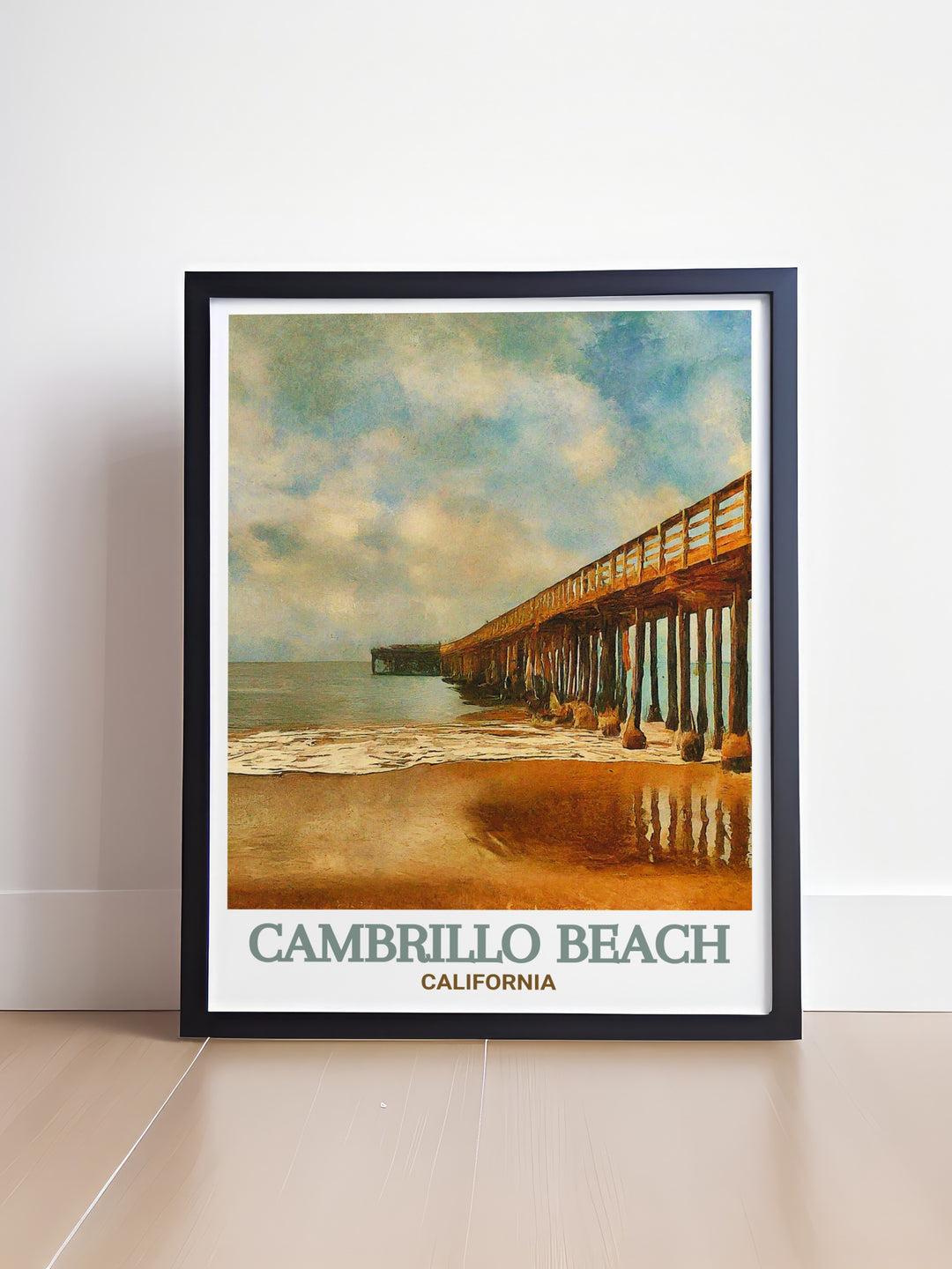 Enhance your space with this Cambrillo Beach Pier poster. A beautiful representation of Californias coastline this art print adds a touch of elegance to any room. Ideal for lovers of California decor this artwork makes a perfect gift for any occasion.