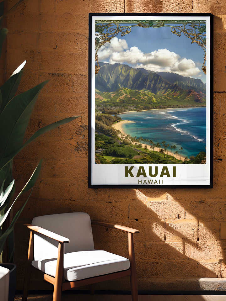 This Kauai travel poster offers a colorful depiction of Hanalei Bay, capturing the tranquil essence of Hawaii. Perfect for gifts or personal keepsakes, this wall art is printed on archival paper and adds a relaxing, tropical feel to any room.