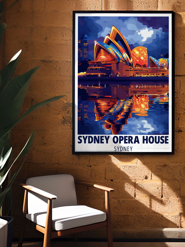 Sydney Opera House featured in a classic vintage poster with detailed illustration highlighting the architectural marvel and vibrant cityscape ideal for art lovers and travelers