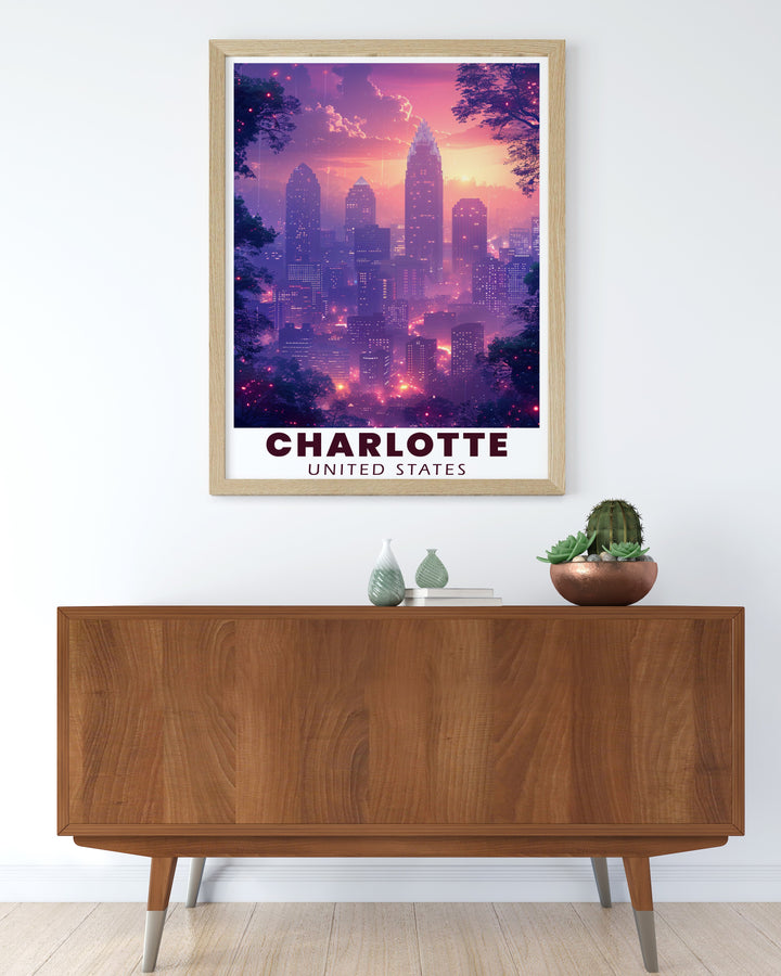 Celebrate the urban energy of Charlotte with this stunning art print. Featuring the Bank of America Corporate Center, this poster print showcases the citys unique skyline in rich detail. Whether as a gift or as a centerpiece in your living room, this travel print adds a modern touch to any interior, making it an excellent addition for fans of cityscapes.