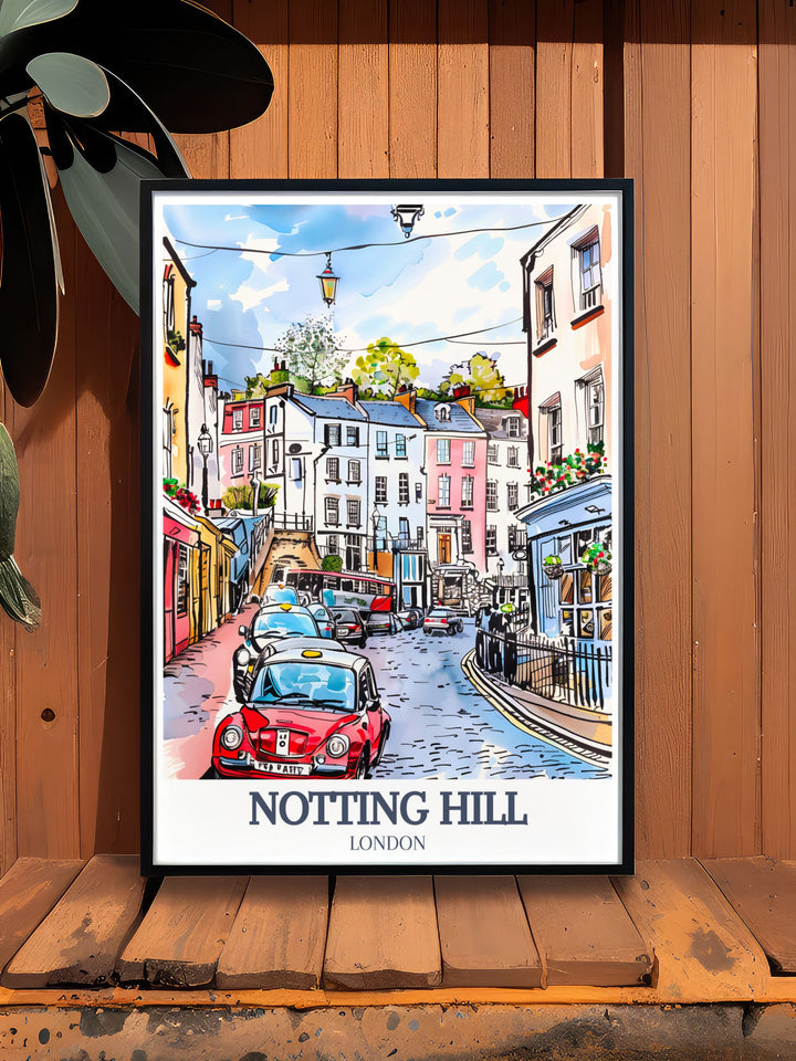 A stunning Notting Hill Travel Poster that celebrates the colorful charm of Portobello Road and Talbot Road in London. This fine line print makes for a perfect addition to any space, bringing a piece of Londons vibrant history into your home.