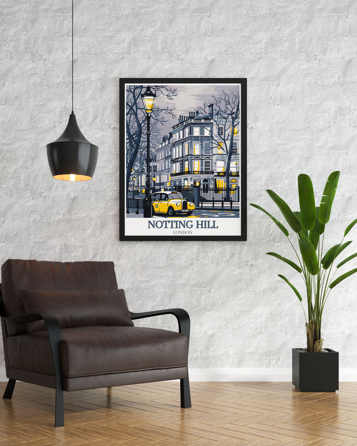 This Notting Hill poster showcases the lively streets of Portobello Road and Westbourne Grove in London. Printed on fine archival paper, it is ideal for adding a touch of British charm to any room or as a unique travel gift for friends and family.