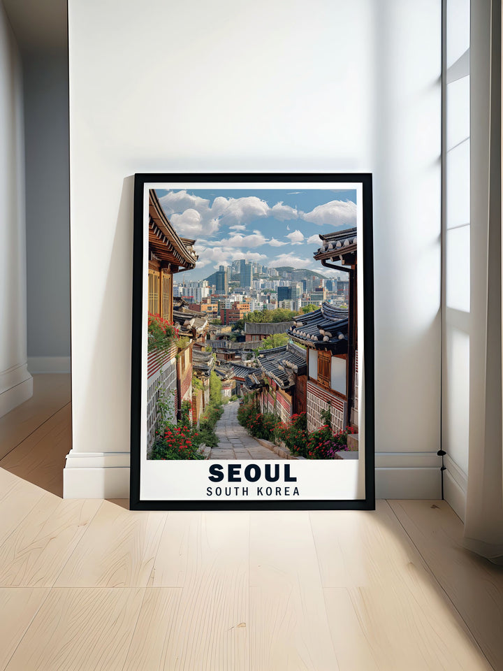 The Seoul Art Print captures the intricate details of Bukchon Hanok Village, showcasing its traditional architecture. Ideal for any home or office, this artwork highlights the elegance of South Koreas historical roots, making it a meaningful gift for travelers or cultural enthusiasts.