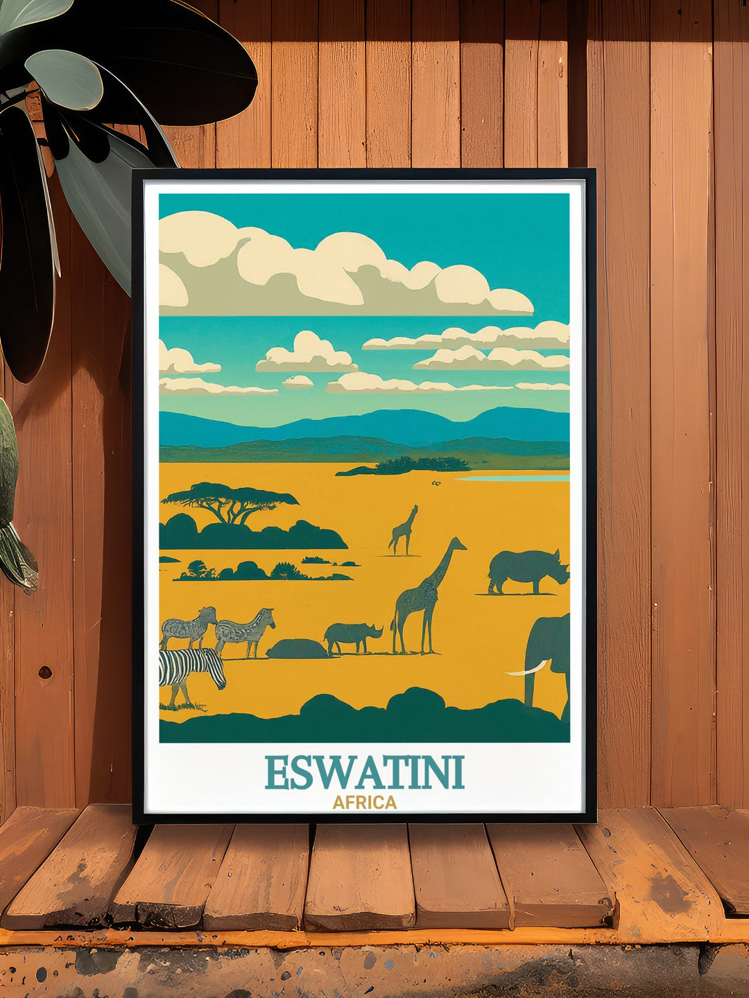 Eswatini vintage poster offers a nostalgic view of one of Africas most untouched destinations, featuring Hlane Royal National Park and its rich landscapes. This canvas print is perfect for adding a sense of African wilderness to your home, ideal for travelers and wildlife enthusiasts.