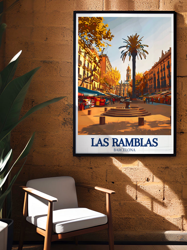 Las Ramblas art print showcasing the dynamic street performers, colorful markets, and the unique charm of Barcelonas bustling street life. This travel poster is a perfect addition to any Spain inspired decor, capturing the timeless beauty and vibrancy of one of Europes most visited locations.