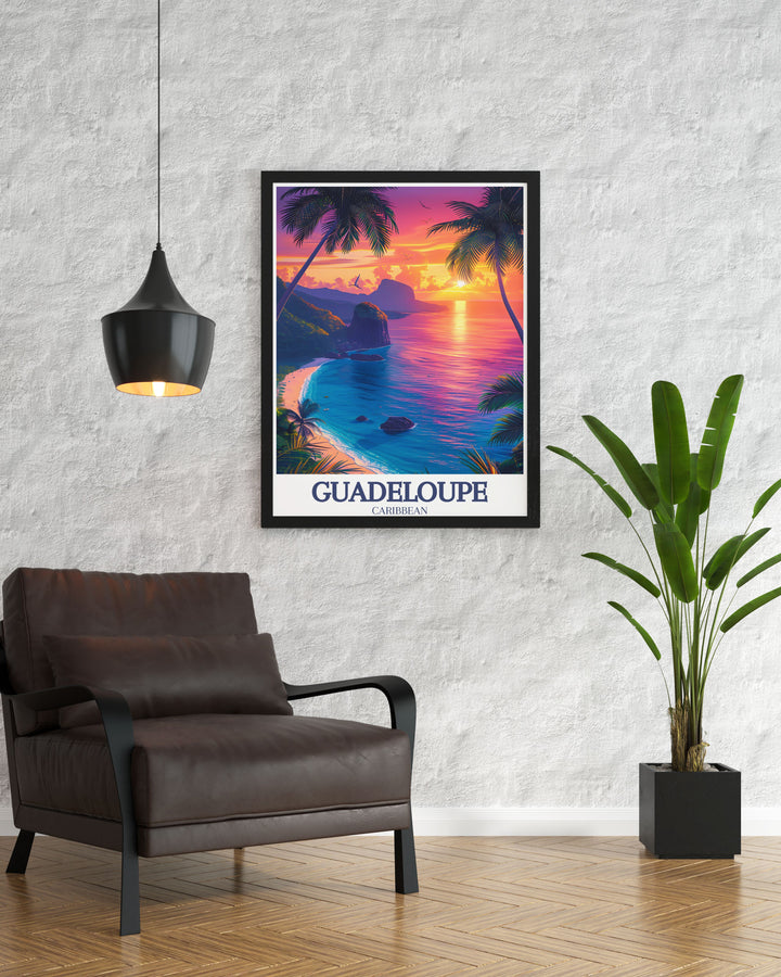 Highlighting the dramatic landscape of La Soufrière Volcano, this poster showcases the rugged peaks and verdant slopes of Guadeloupes highest point. Ideal for nature lovers, this piece brings the awe inspiring beauty of the Caribbean into your home.