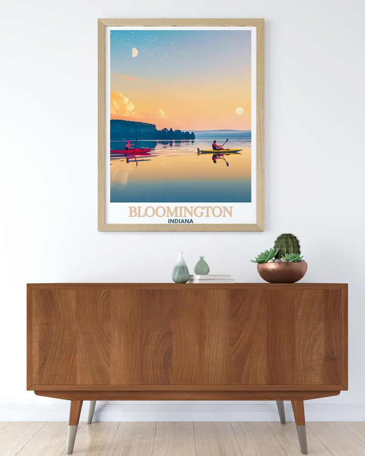Lake Monroe wall art showcasing the natural beauty of Bloomington Indiana in a timeless vintage print format perfect for anyone looking to enhance their living space with high quality and visually stunning artwork
