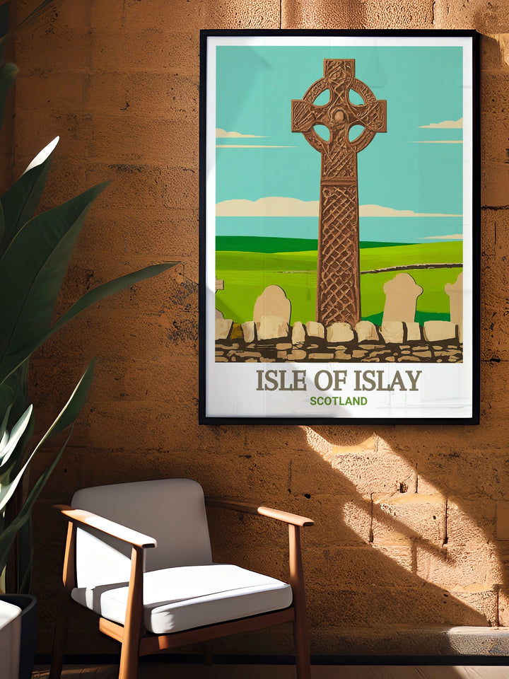 An art deco inspired travel print of the Isle of Islay, highlighting the Kildalton Cross and the islands breathtaking landscapes. This piece is perfect for those who admire the fusion of history, art, and nature.