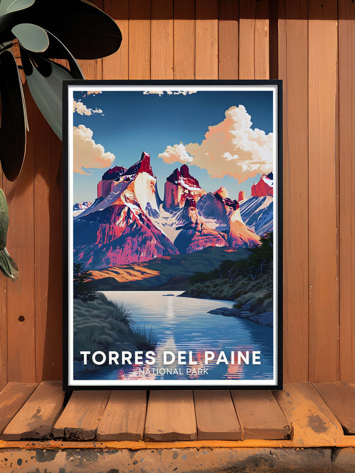 Cuernos del Paine vintage print capturing the breathtaking views of Torres del Paine National Park in Patagonia Chile. This artwork is ideal for travel enthusiasts looking to bring the wild beauty of South America into their home decor.